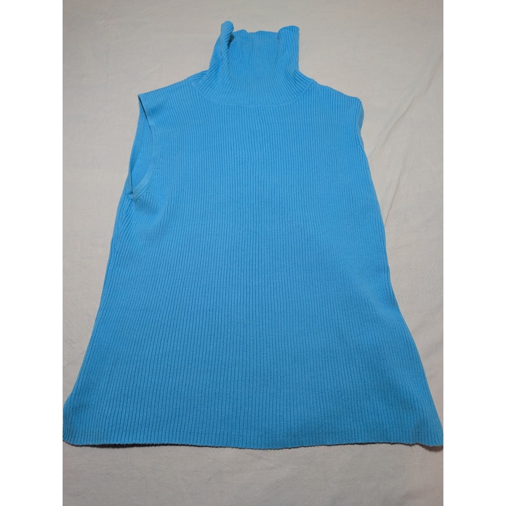 Pierre Cardin Womens Blue Ribbed Sleeveless Turtleneck Cotton Sweater Size Large